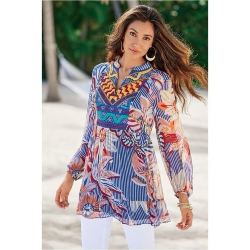 Soft Surroundings Long Sleeve‎ Flowy Print Embellished Tunic Blouse Beachy Small
